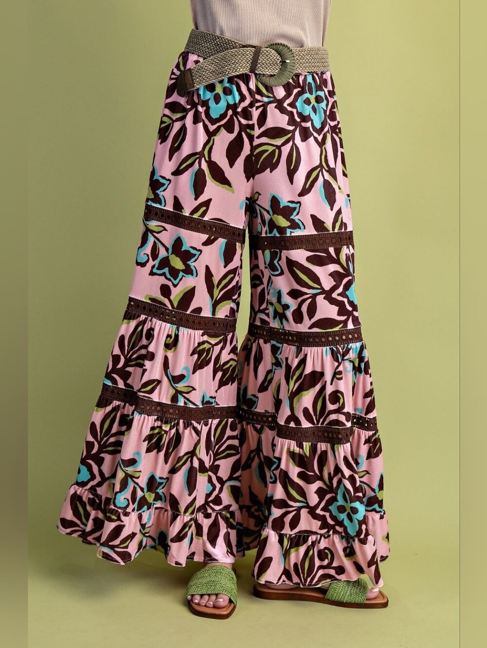 Floral Retro Velvet Tiered Wide-Leg Pants in Pink with Blue Accents